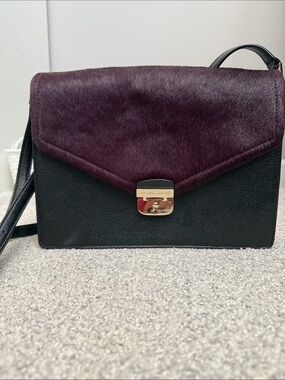 Kate Spade Black Crossbody Bag with Deep Plum Pony Hair Flap and Gold Hardware